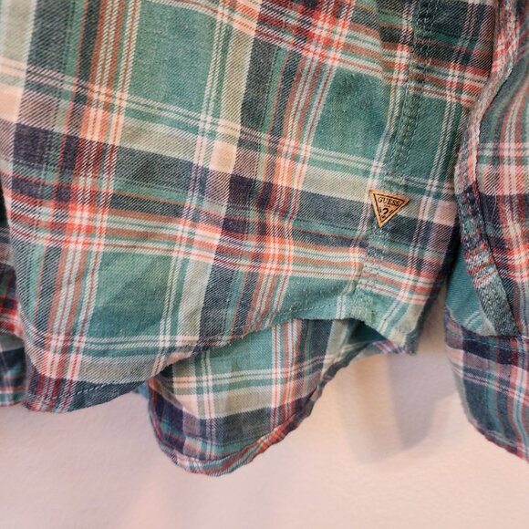 Vtg GUESS Pearl Snap Western Button Up Long Green Plaid Embroidered Men Xl - Picture 10 of 16